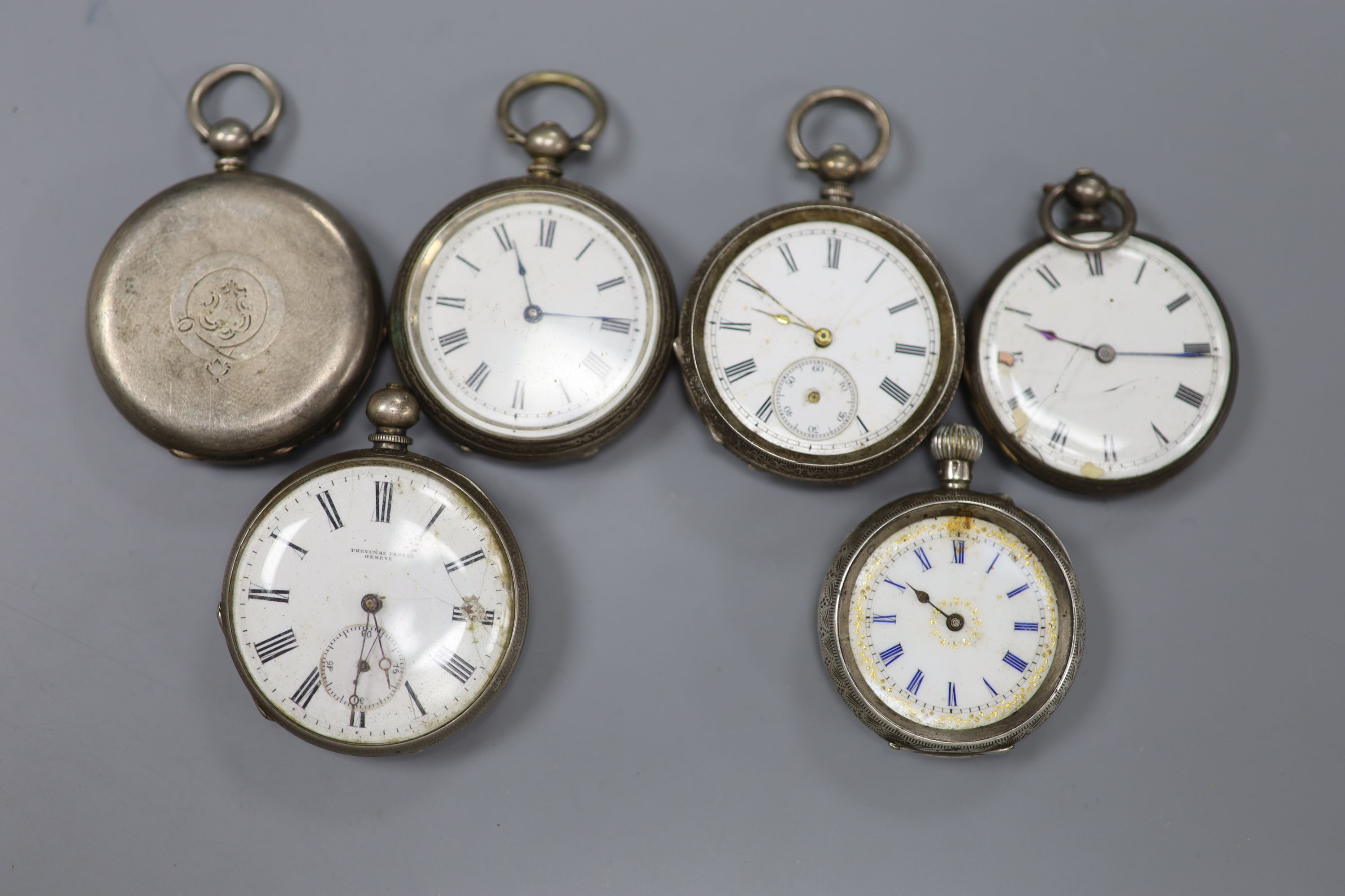 Six assorted continental white metal fob watches (a.f.).